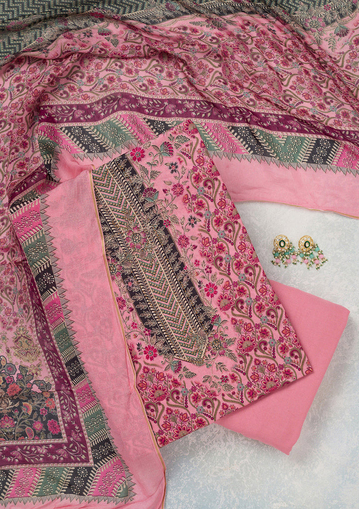 Pink Muslin Gold Zariwork Unstitched Dress Material With Matching Bottom And Dupatta