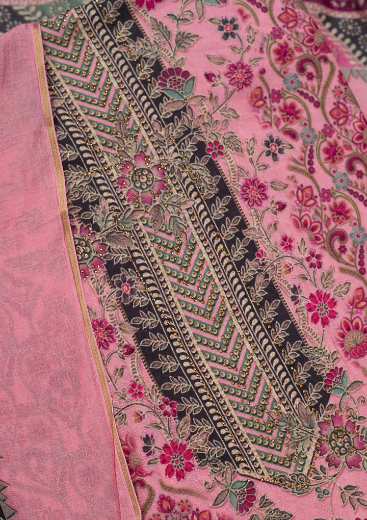 Pink Muslin Gold Zariwork Unstitched Dress Material With Matching Bottom And Dupatta