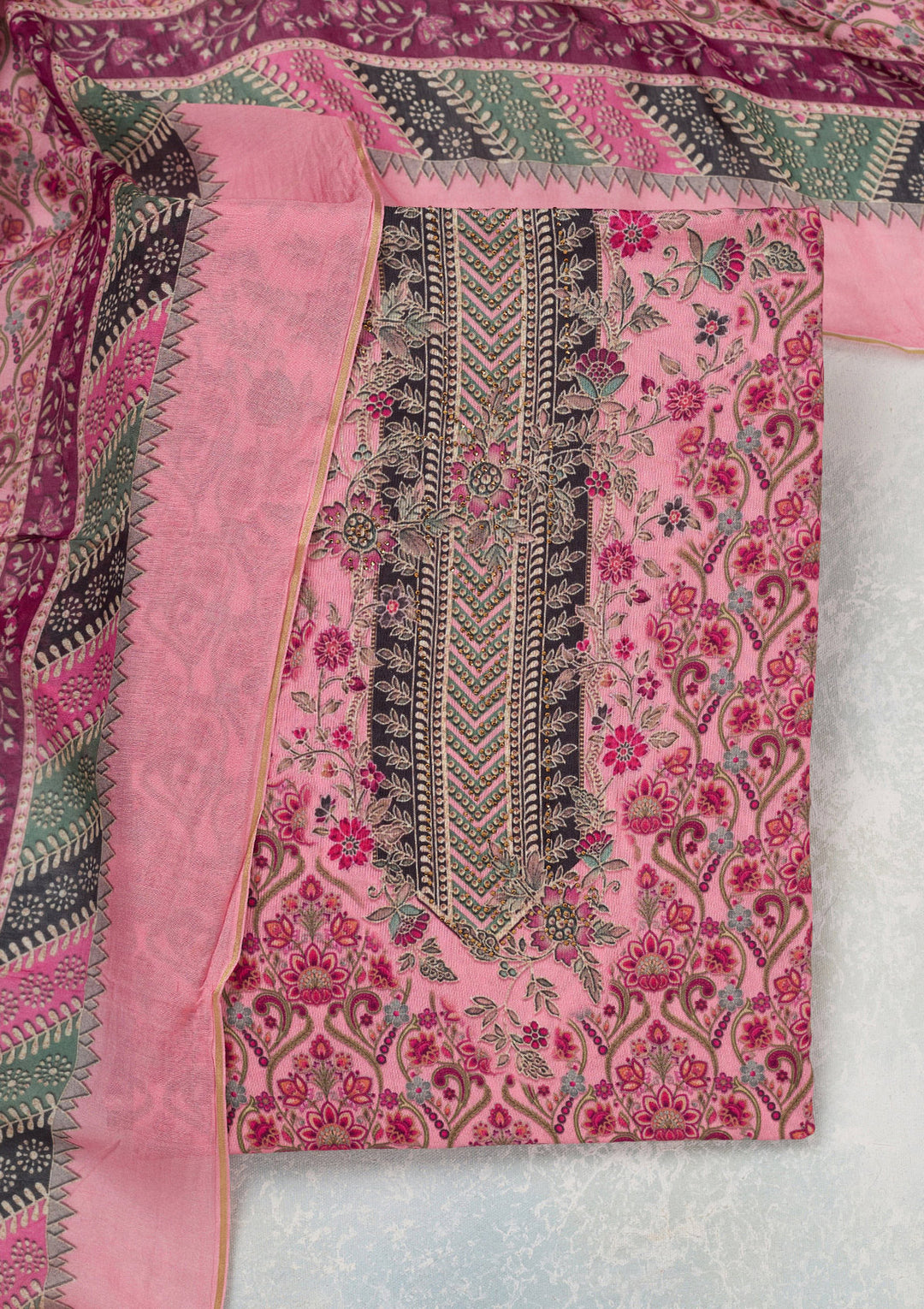 Pink Muslin Gold Zariwork Unstitched Dress Material With Matching Bottom And Dupatta
