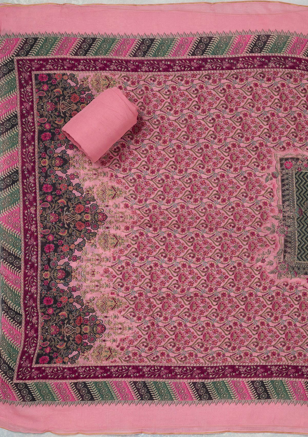 Pink Muslin Gold Zariwork Unstitched Dress Material With Matching Bottom And Dupatta