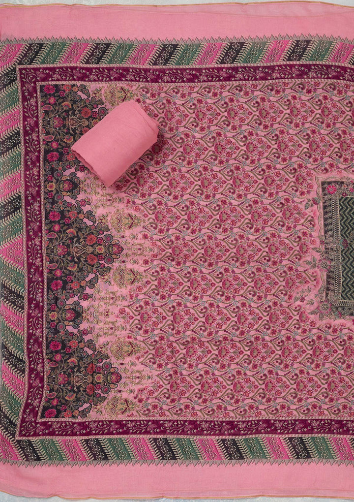 Pink Muslin Gold Zariwork Unstitched Dress Material With Matching Bottom And Dupatta