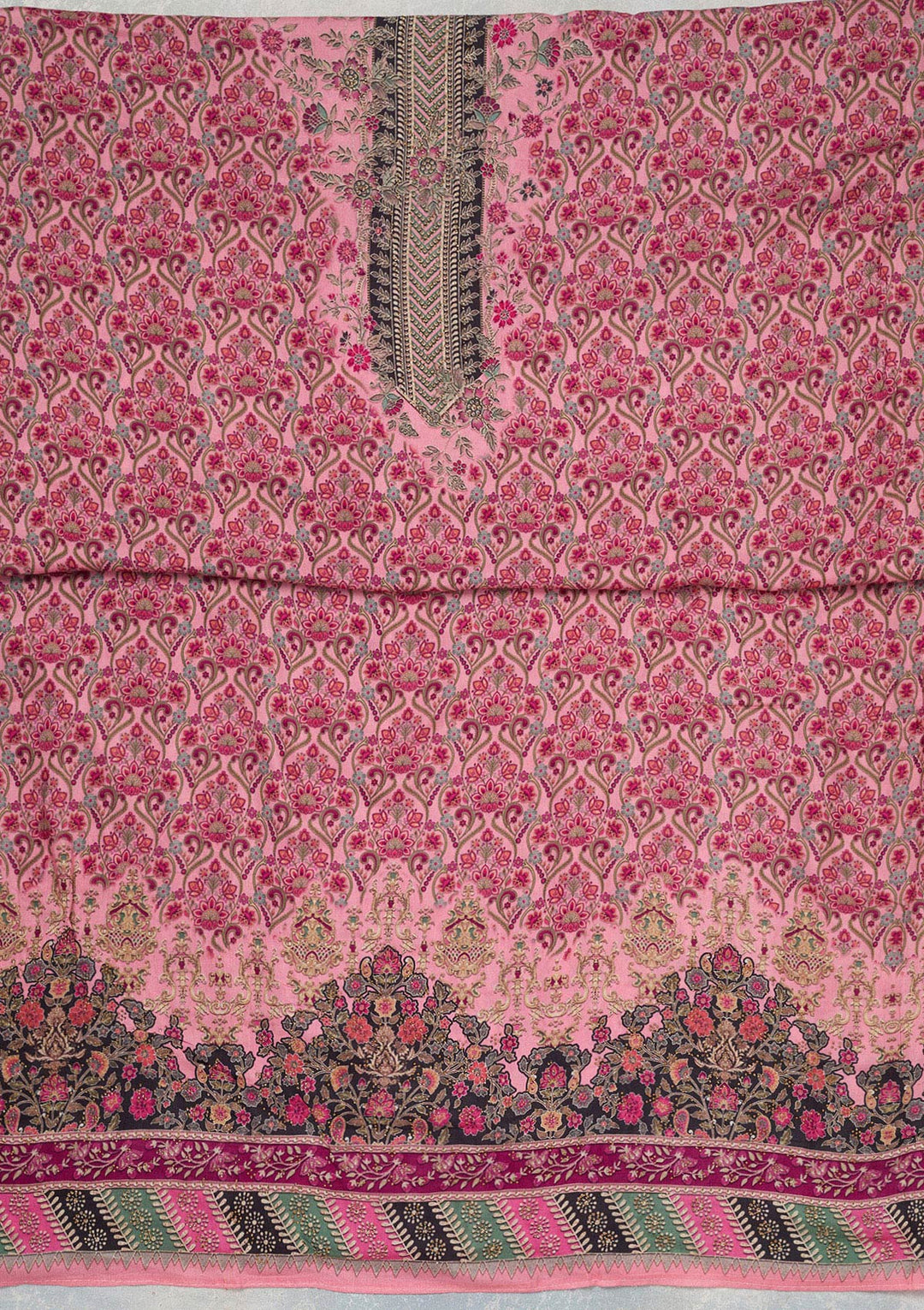 Pink Muslin Gold Zariwork Unstitched Dress Material With Matching Bottom And Dupatta