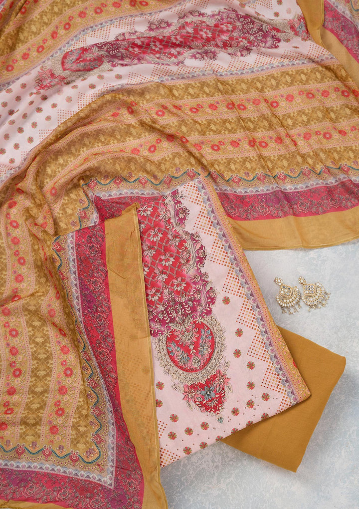 Baby Pink Multi Muslin Gold Zariwork Unstitched Dress Material With Matching Bottom And Dupatta