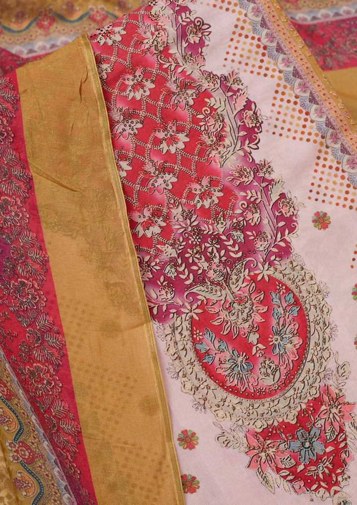 Baby Pink Multi Muslin Gold Zariwork Unstitched Dress Material With Matching Bottom And Dupatta