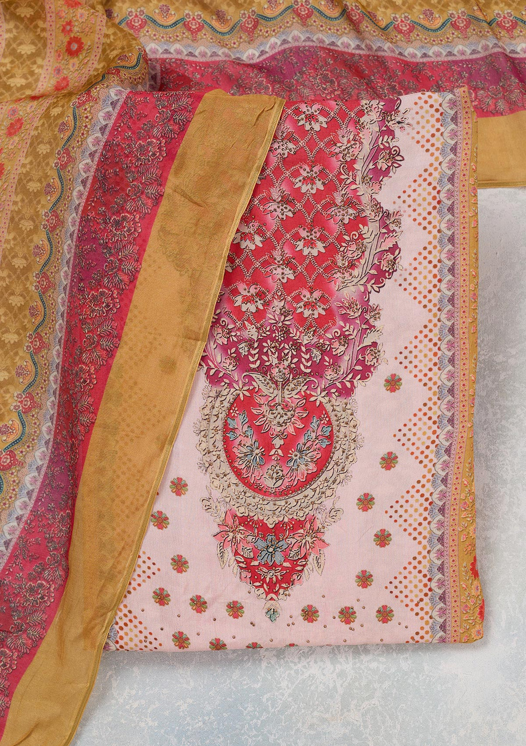 Baby Pink Multi Muslin Gold Zariwork Unstitched Dress Material With Matching Bottom And Dupatta