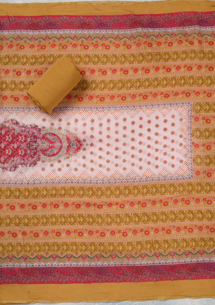 Baby Pink Multi Muslin Gold Zariwork Unstitched Dress Material With Matching Bottom And Dupatta
