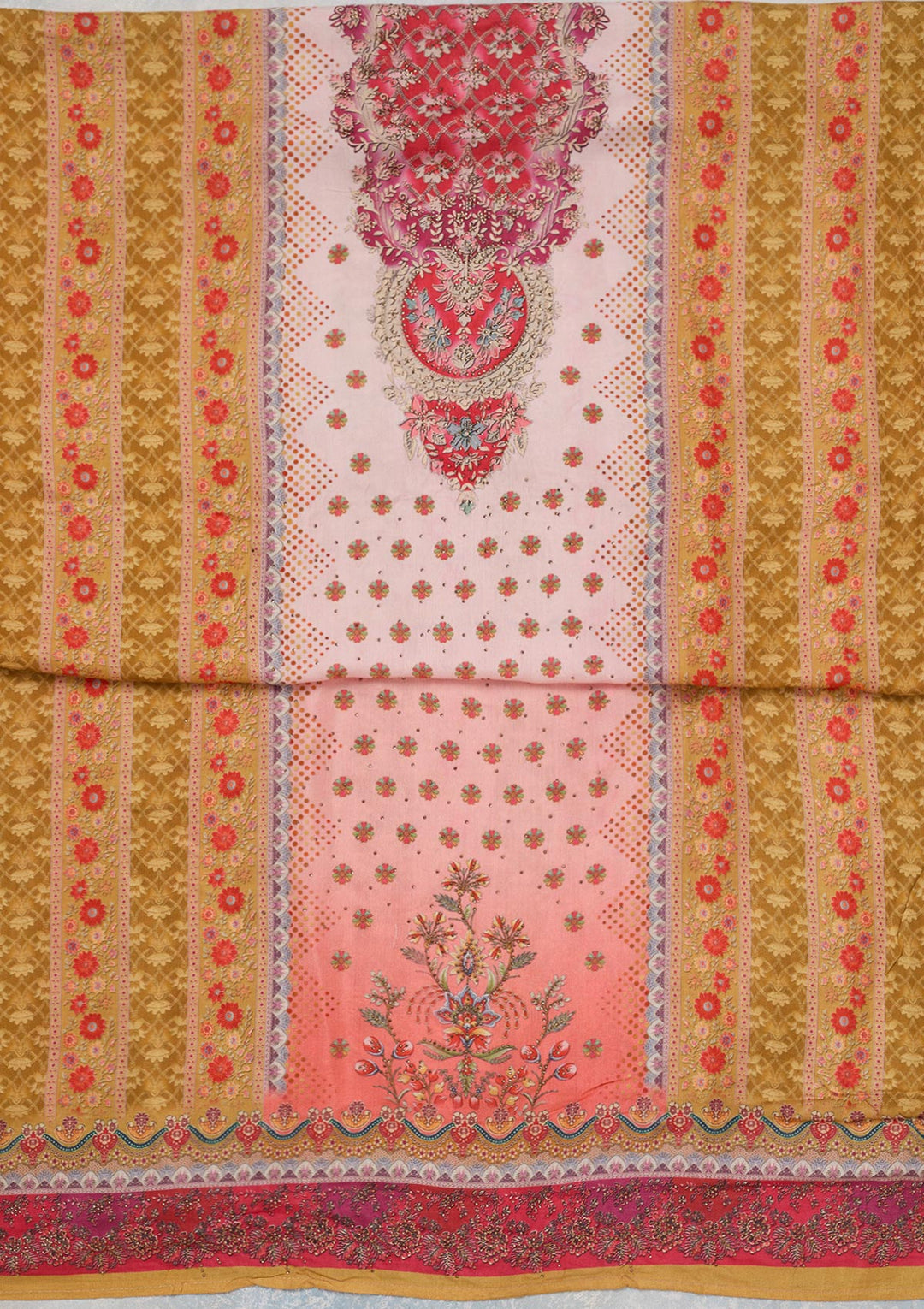 Baby Pink Multi Muslin Gold Zariwork Unstitched Dress Material With Matching Bottom And Dupatta