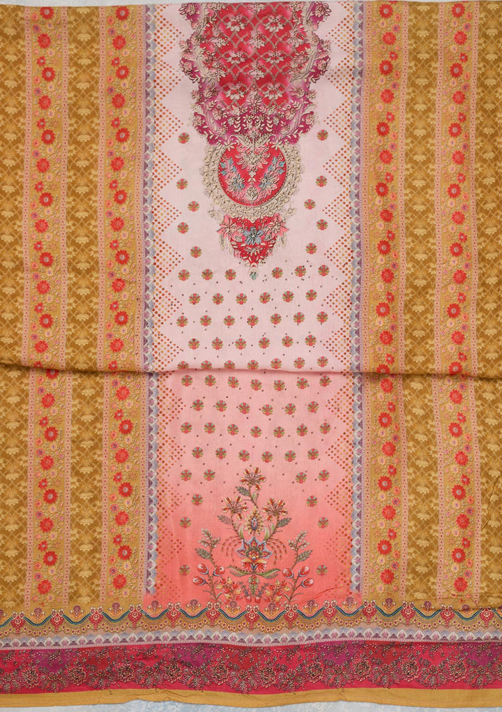 Baby Pink Multi Muslin Gold Zariwork Unstitched Dress Material With Matching Bottom And Dupatta