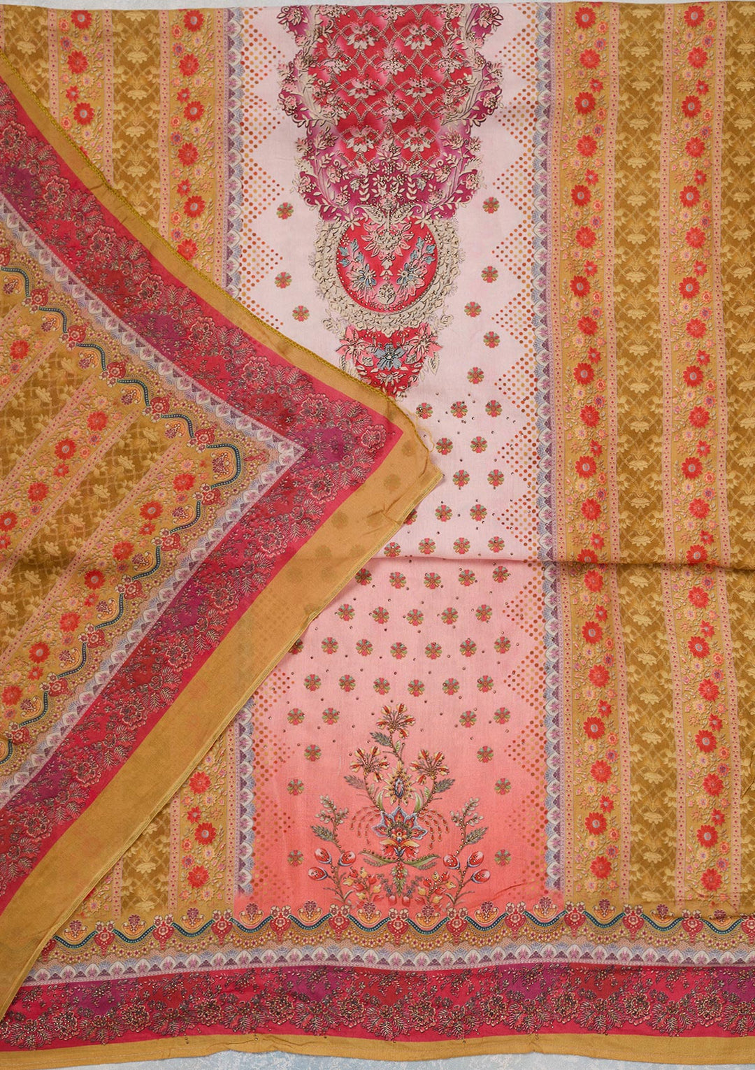 Baby Pink Multi Muslin Gold Zariwork Unstitched Dress Material With Matching Bottom And Dupatta