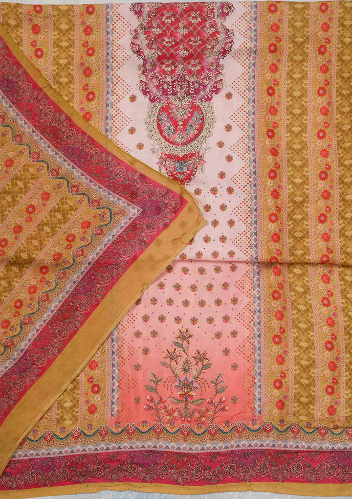 Baby Pink Multi Muslin Gold Zariwork Unstitched Dress Material With Matching Bottom And Dupatta