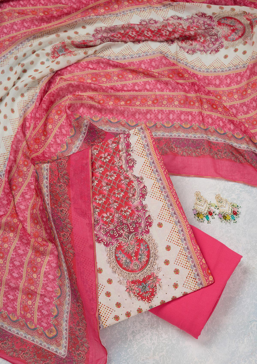 Off White Multi Muslin Ombre Gold Zariwork Unstitched Dress Material With Matching Bottom And Dupatta