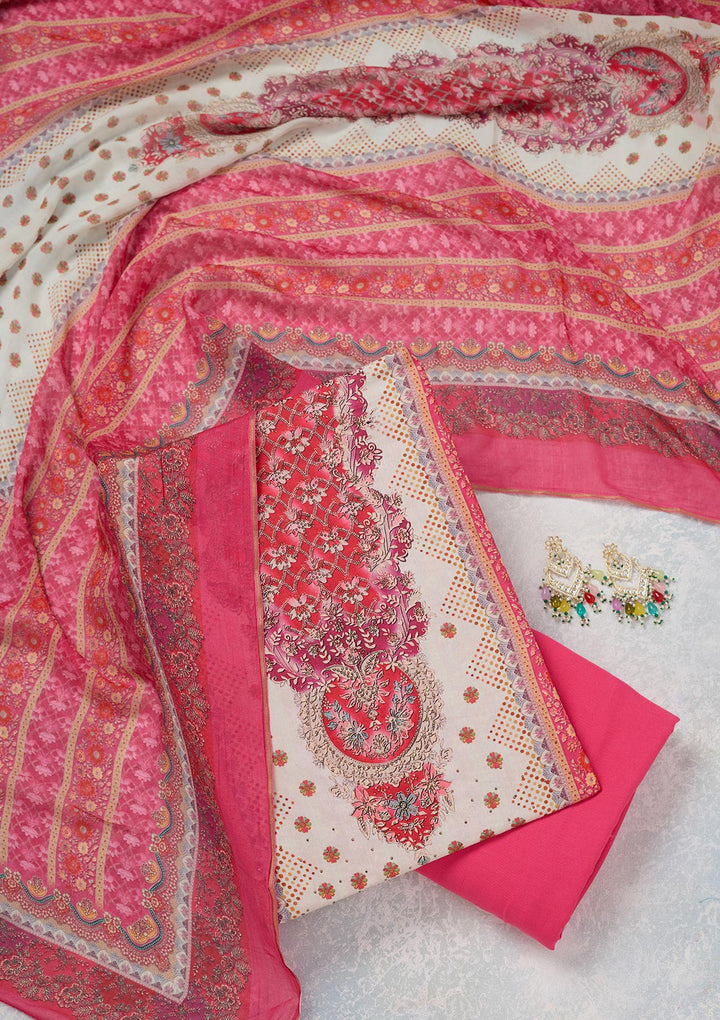 Off White Multi Muslin Ombre Gold Zariwork Unstitched Dress Material With Matching Bottom And Dupatta