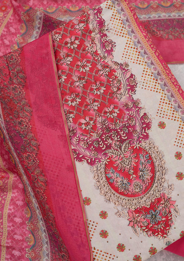 Off White Multi Muslin Ombre Gold Zariwork Unstitched Dress Material With Matching Bottom And Dupatta