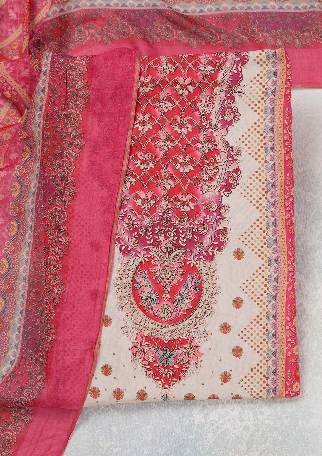Off White Multi Muslin Ombre Gold Zariwork Unstitched Dress Material With Matching Bottom And Dupatta
