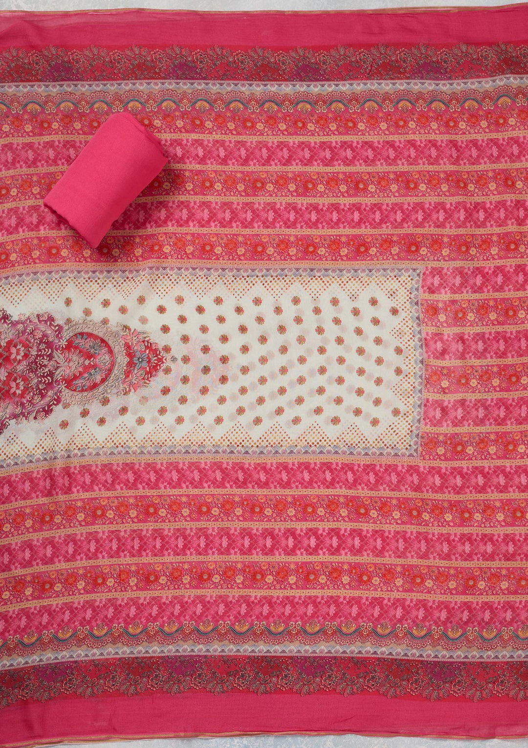 Off White Multi Muslin Ombre Gold Zariwork Unstitched Dress Material With Matching Bottom And Dupatta