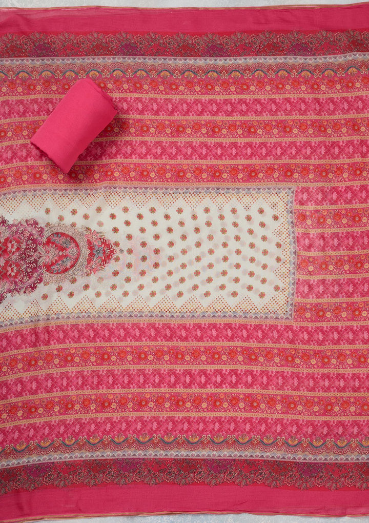 Off White Multi Muslin Ombre Gold Zariwork Unstitched Dress Material With Matching Bottom And Dupatta