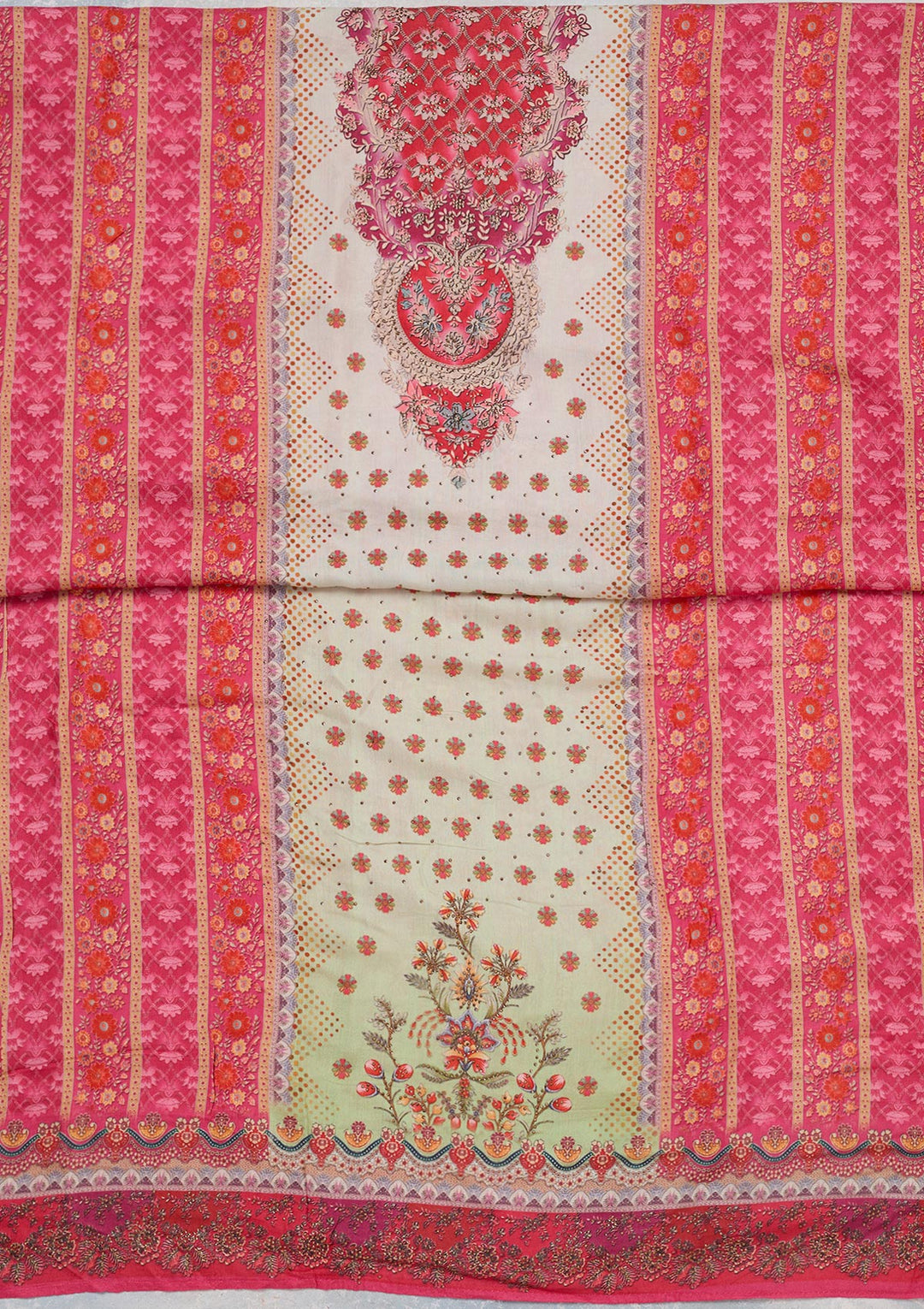 Off White Multi Muslin Ombre Gold Zariwork Unstitched Dress Material With Matching Bottom And Dupatta