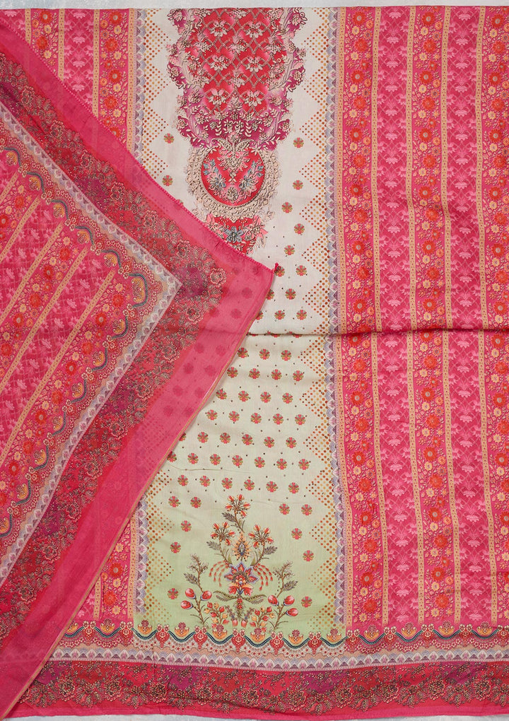 Off White Multi Muslin Ombre Gold Zariwork Unstitched Dress Material With Matching Bottom And Dupatta