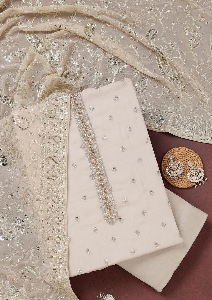 Beige Organza Sequins Unstitched Dress Material With Matching Bottom And Dupatta