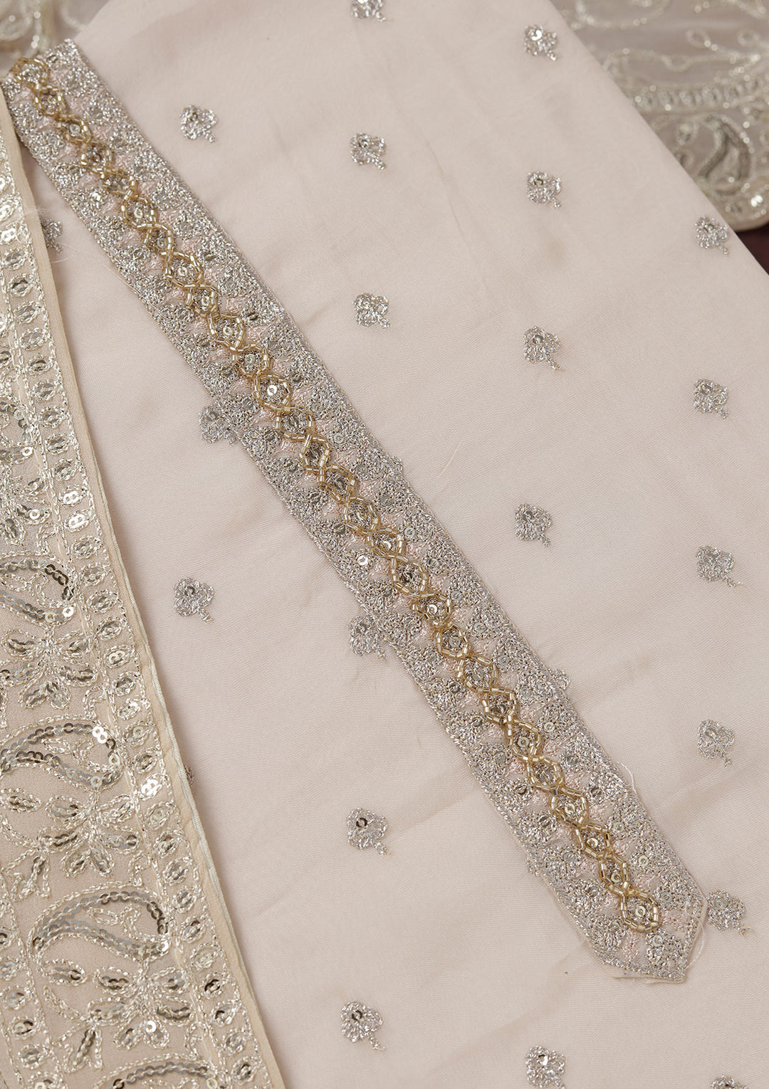 Beige Organza Sequins Unstitched Dress Material With Matching Bottom And Dupatta