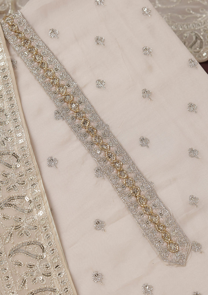 Beige Organza Sequins Unstitched Dress Material With Matching Bottom And Dupatta