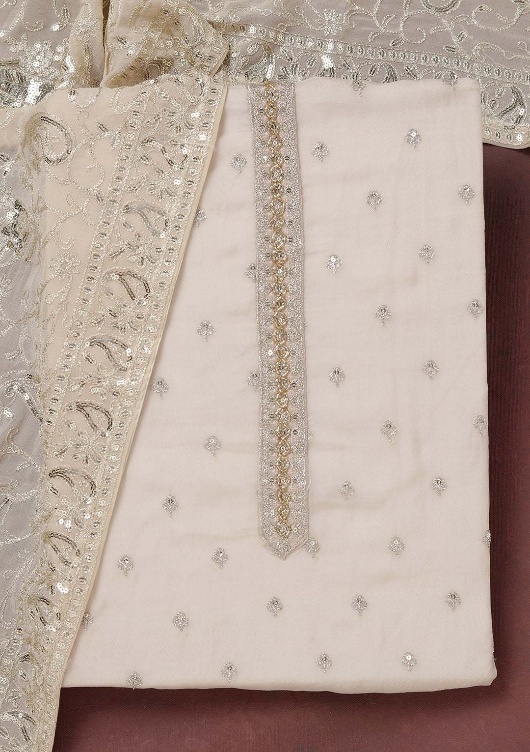 Beige Organza Sequins Unstitched Dress Material With Matching Bottom And Dupatta