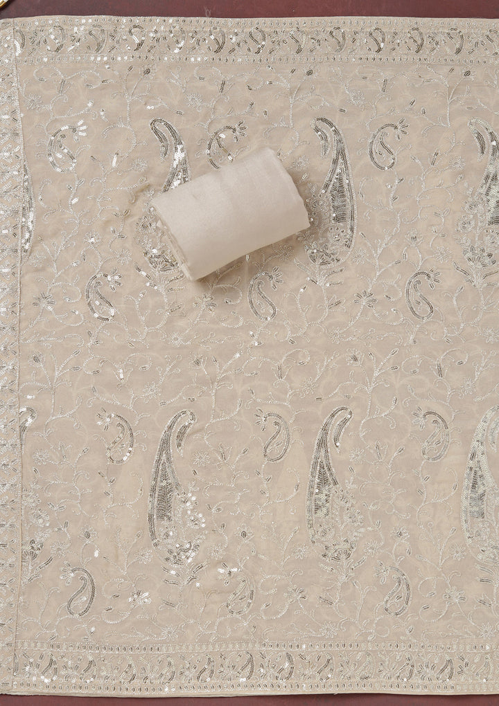 Beige Organza Sequins Unstitched Dress Material With Matching Bottom And Dupatta