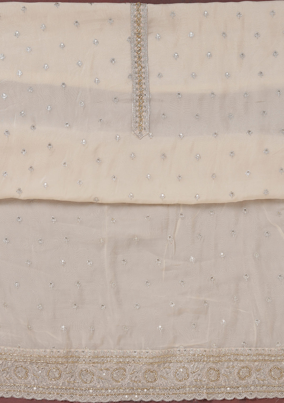 Beige Organza Sequins Unstitched Dress Material With Matching Bottom And Dupatta