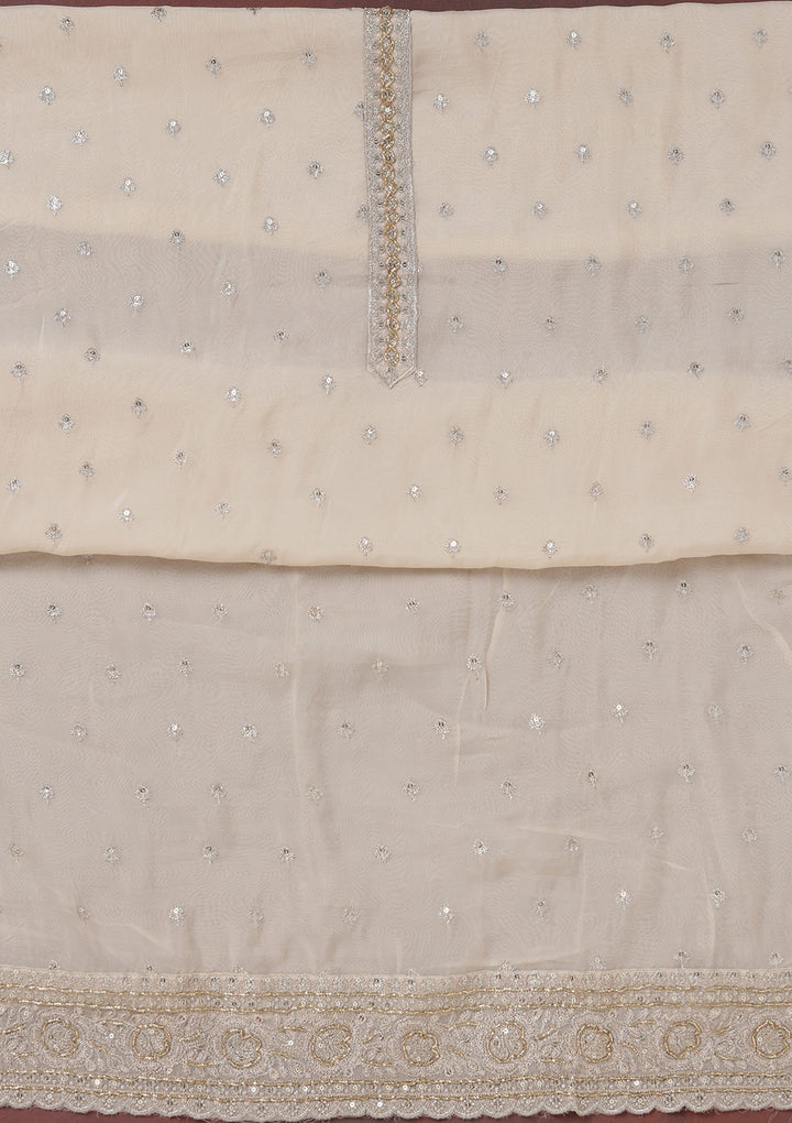 Beige Organza Sequins Unstitched Dress Material With Matching Bottom And Dupatta