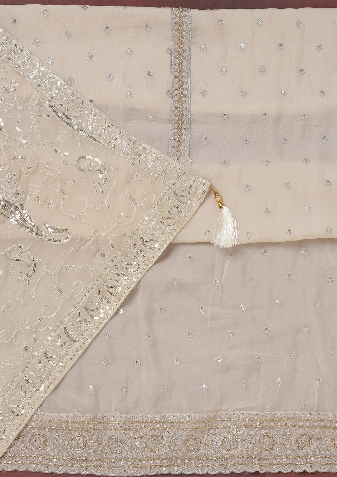 Beige Organza Sequins Unstitched Dress Material With Matching Bottom And Dupatta