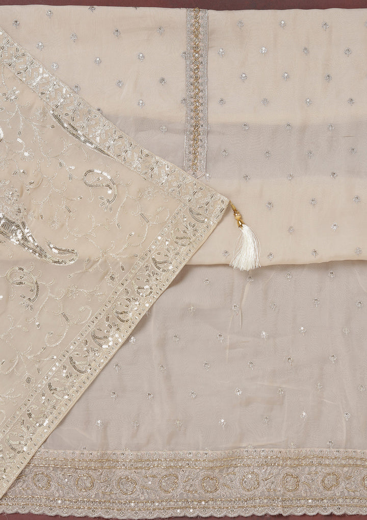 Beige Organza Sequins Unstitched Dress Material With Matching Bottom And Dupatta