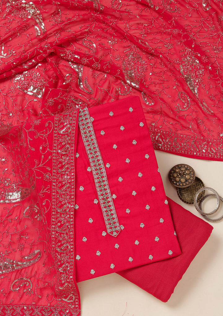 Rani Pink Organza Sequins Unstitched Dress Material With Matching Bottom And Dupatta
