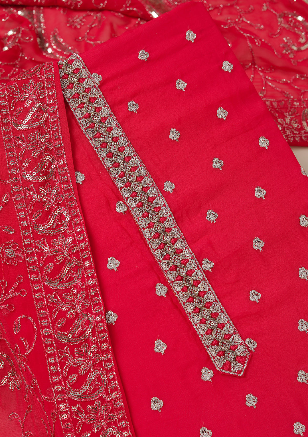 Rani Pink Organza Sequins Unstitched Dress Material With Matching Bottom And Dupatta