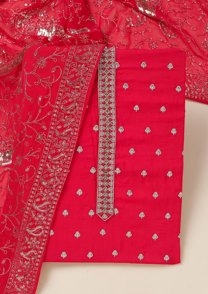Rani Pink Organza Sequins Unstitched Dress Material With Matching Bottom And Dupatta