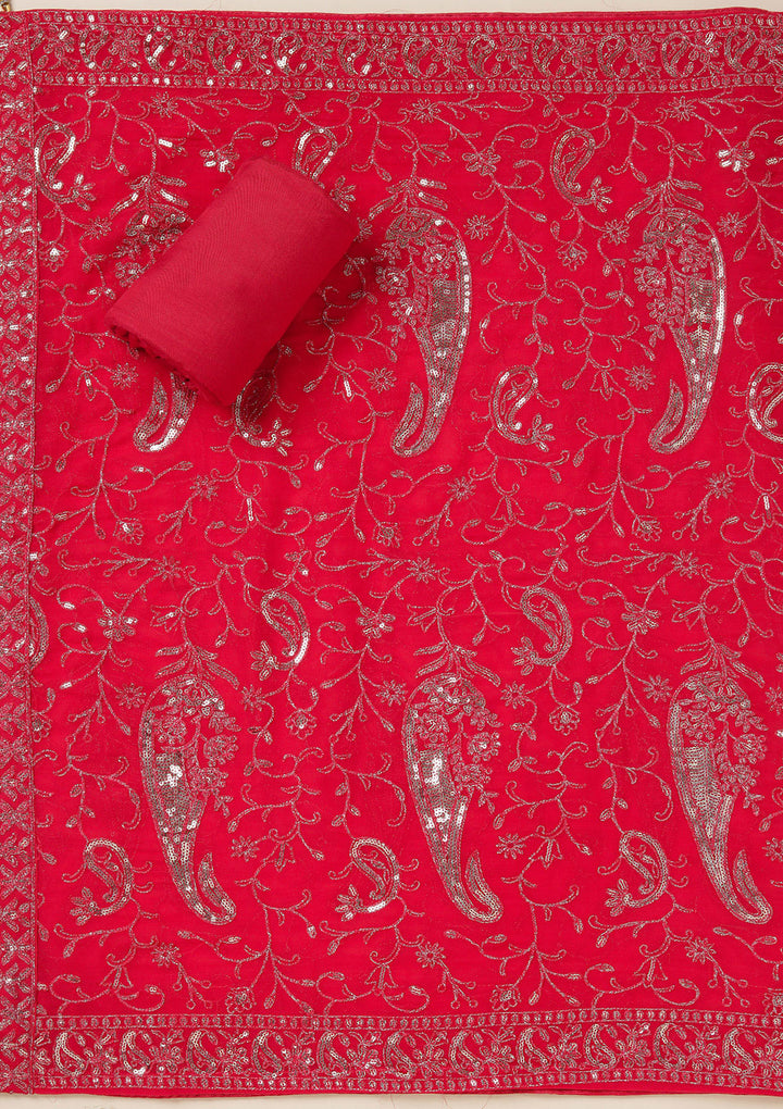 Rani Pink Organza Sequins Unstitched Dress Material With Matching Bottom And Dupatta