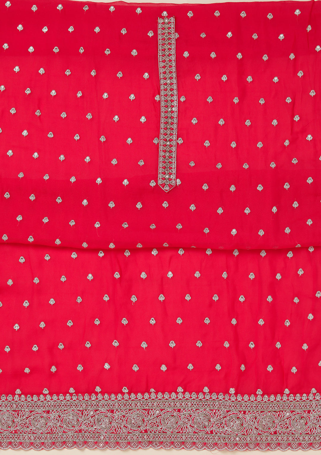 Rani Pink Organza Sequins Unstitched Dress Material With Matching Bottom And Dupatta