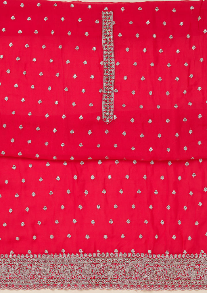 Rani Pink Organza Sequins Unstitched Dress Material With Matching Bottom And Dupatta