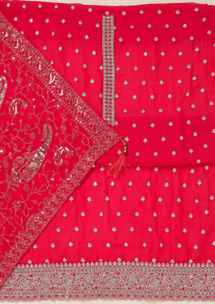 Rani Pink Organza Sequins Unstitched Dress Material With Matching Bottom And Dupatta