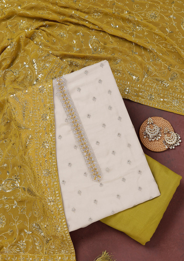 Beige Mehendi Organza Sequins Unstitched Dress Material With Matching Bottom And Dupatta