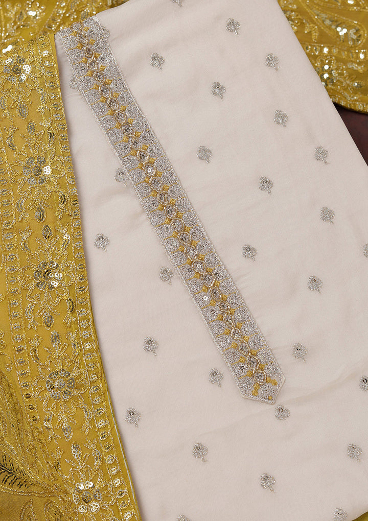 Beige Mehendi Organza Sequins Unstitched Dress Material With Matching Bottom And Dupatta