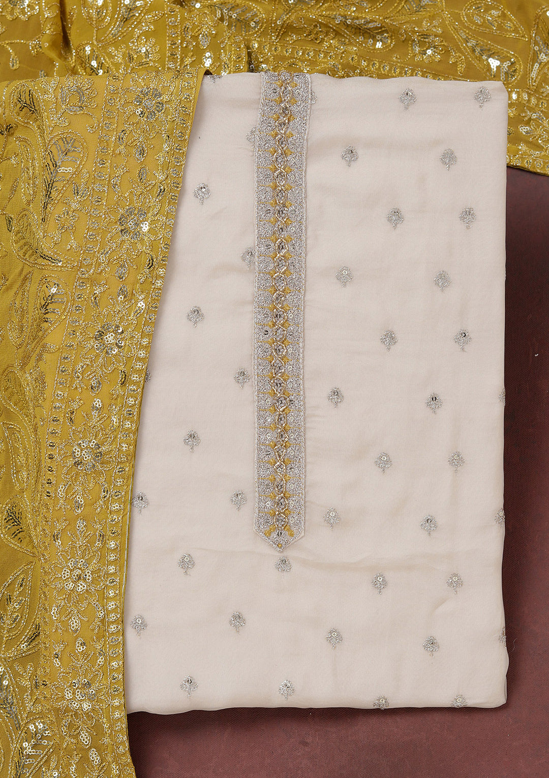 Beige Mehendi Organza Sequins Unstitched Dress Material With Matching Bottom And Dupatta