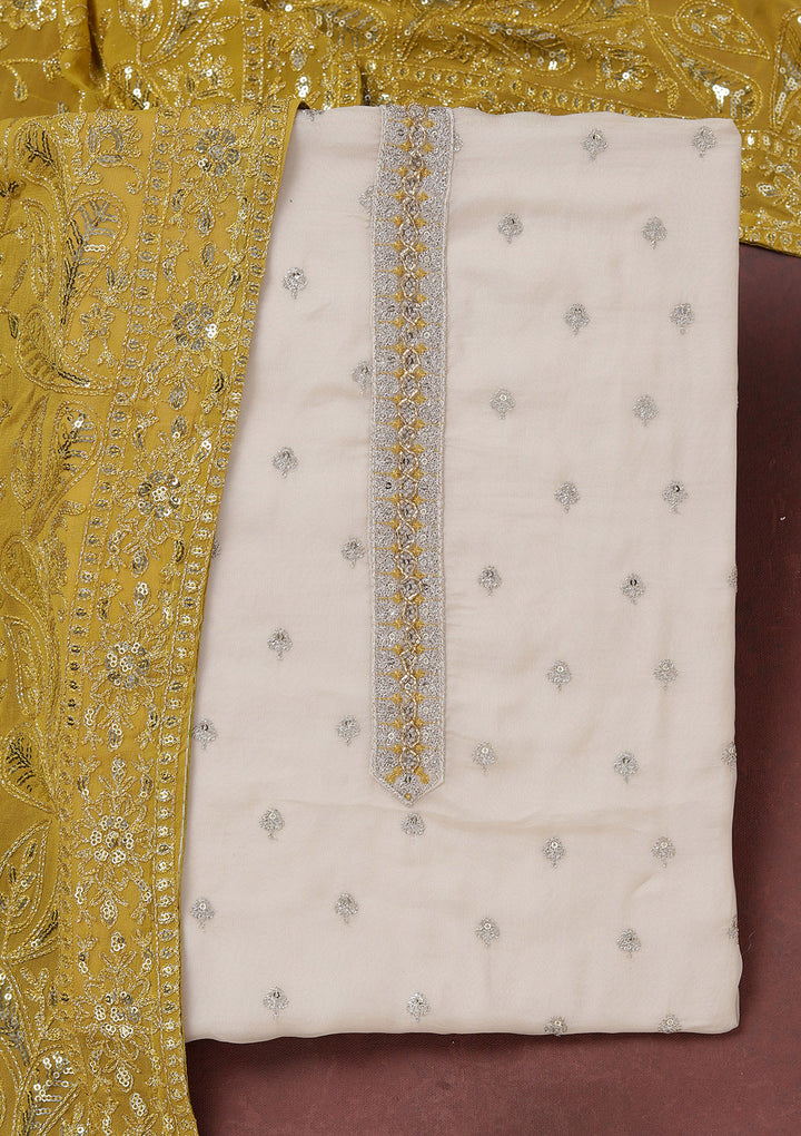 Beige Mehendi Organza Sequins Unstitched Dress Material With Matching Bottom And Dupatta