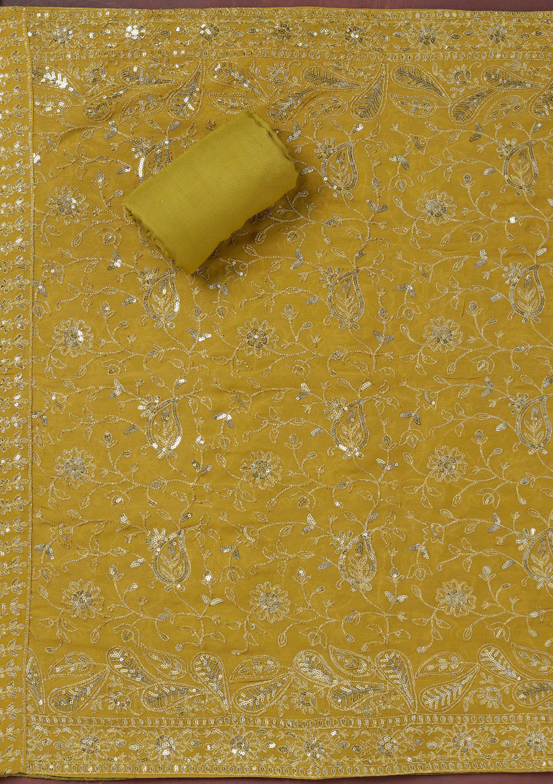 Beige Mehendi Organza Sequins Unstitched Dress Material With Matching Bottom And Dupatta