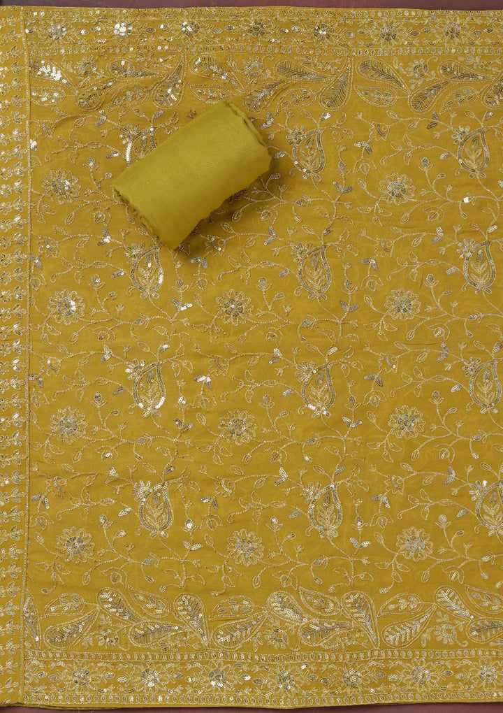Beige Mehendi Organza Sequins Unstitched Dress Material With Matching Bottom And Dupatta
