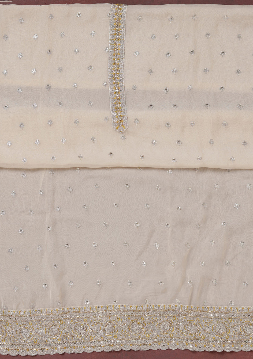 Beige Mehendi Organza Sequins Unstitched Dress Material With Matching Bottom And Dupatta