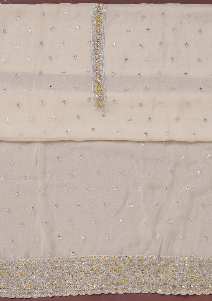 Beige Mehendi Organza Sequins Unstitched Dress Material With Matching Bottom And Dupatta