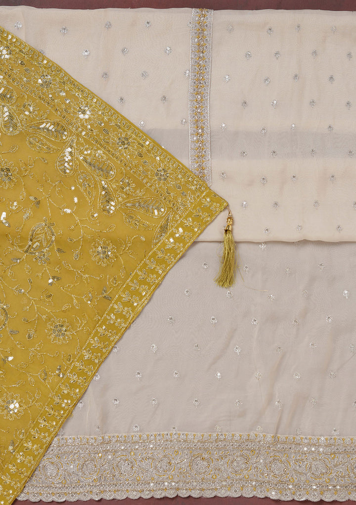 Beige Mehendi Organza Sequins Unstitched Dress Material With Matching Bottom And Dupatta