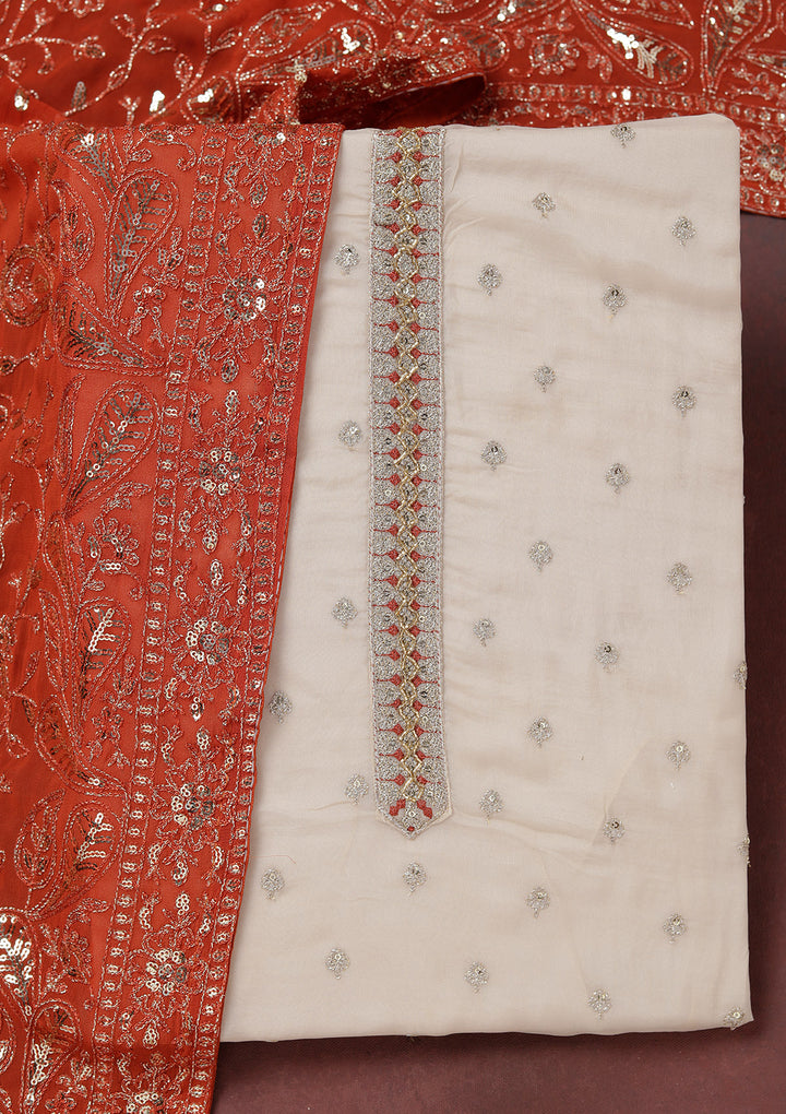 Beige Sequins Organza Unstitched Salwar Suit