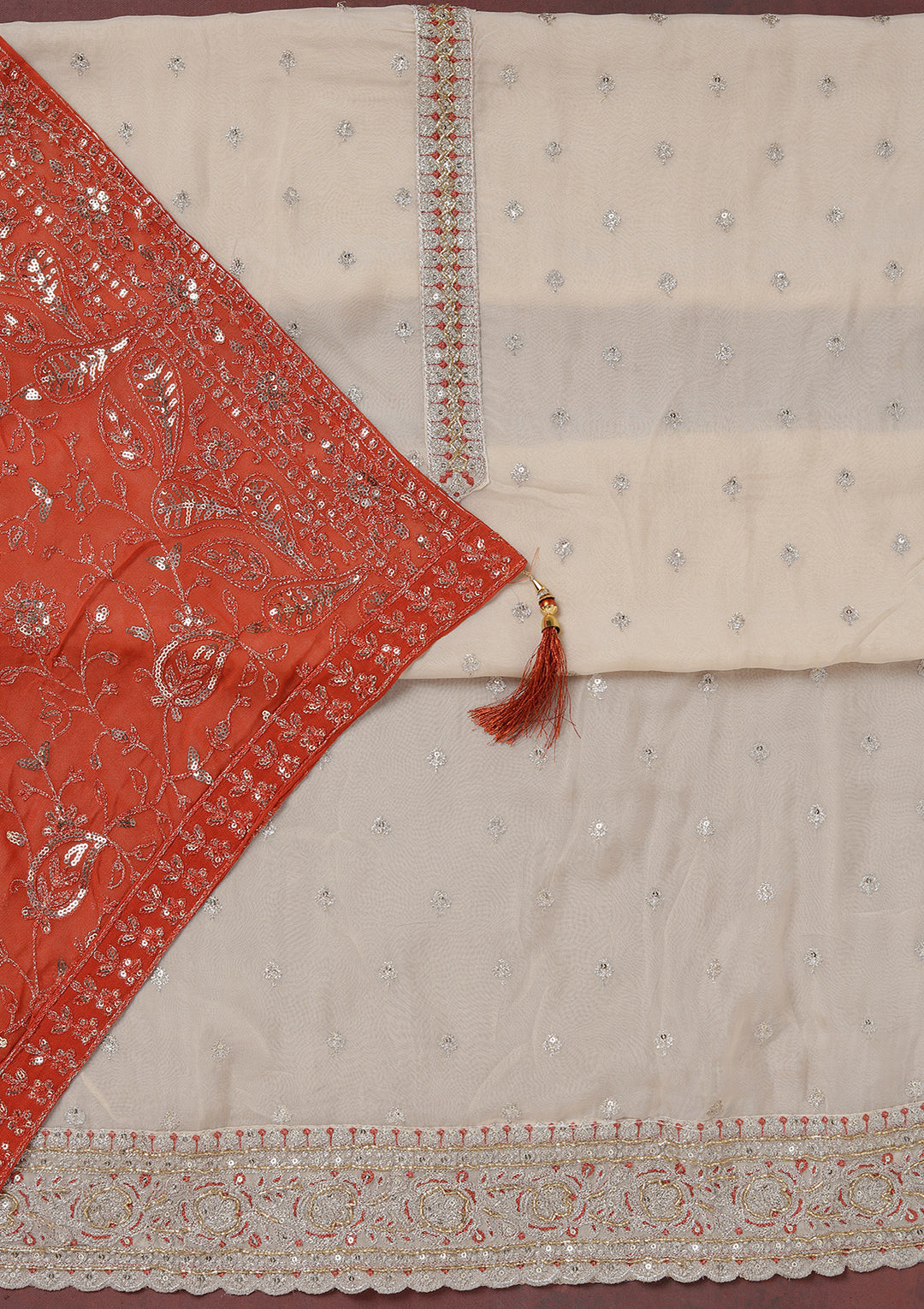 Beige Sequins Organza Unstitched Salwar Suit