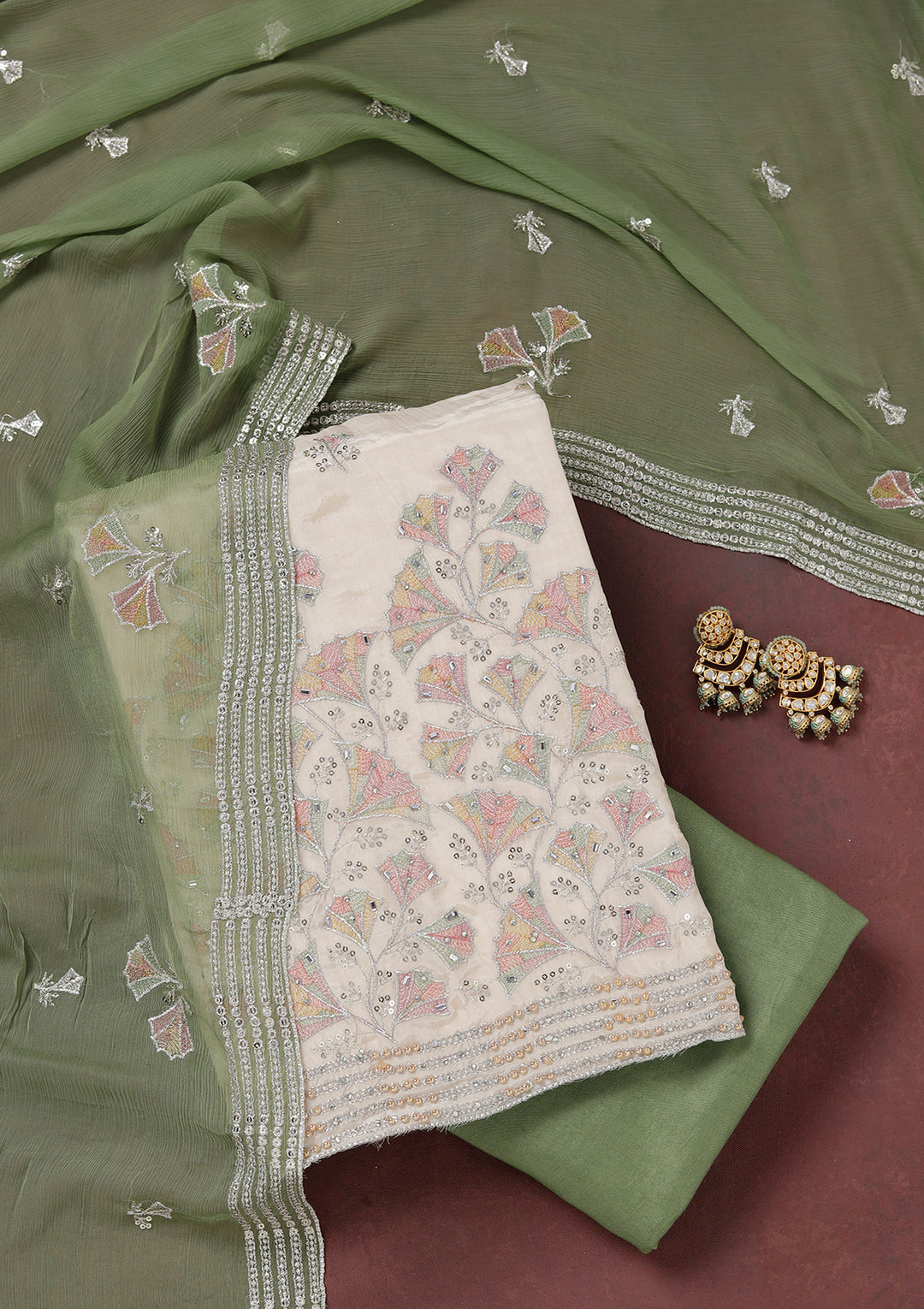 Beige Mehendi Green Organza Silver Zariwork Unstitched Dress Material With Matching Bottom And Dupatta